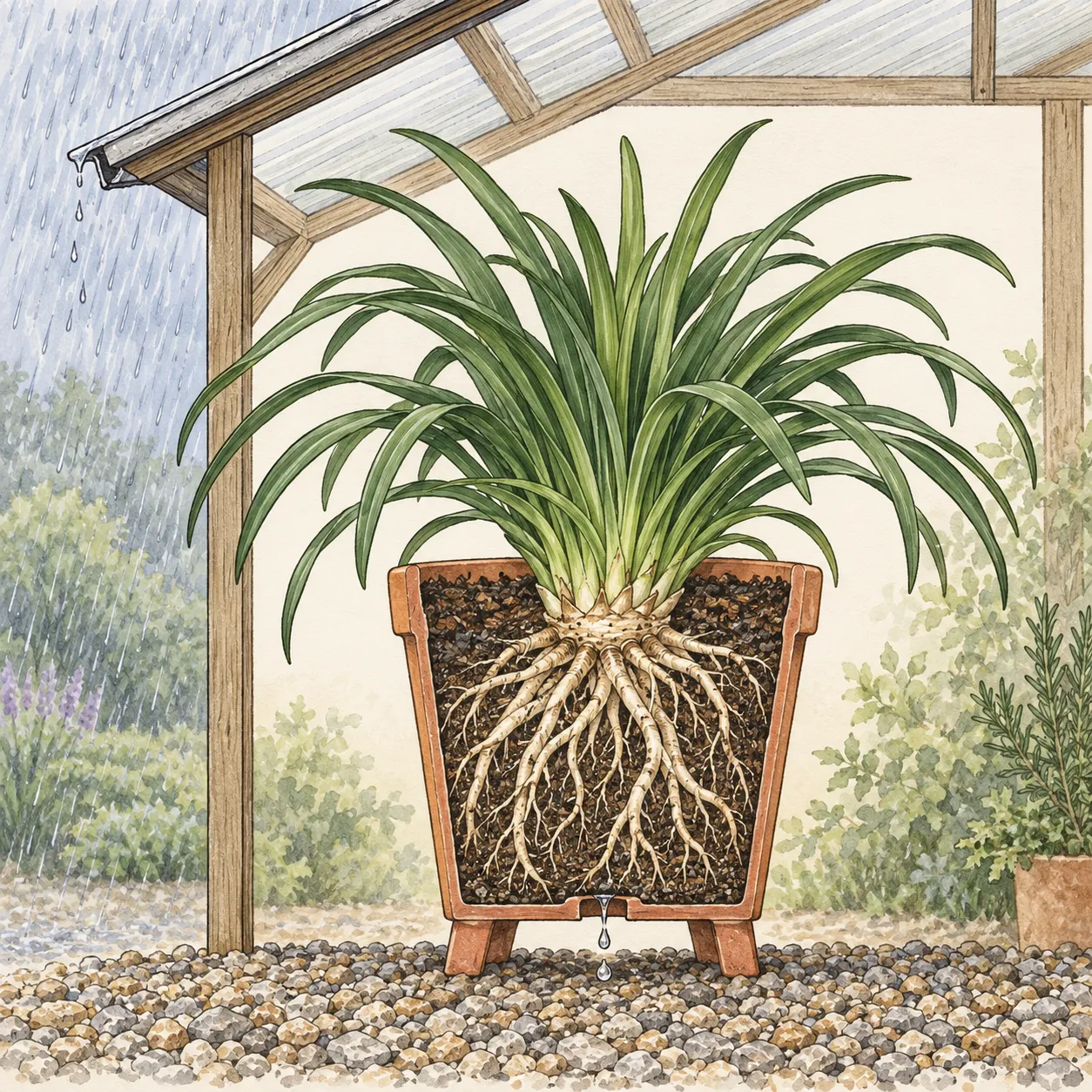 Cutaway of an agapanthus pot under a rain-shedding roof with fleshy roots in potting mix and an open drainage hole above pot feet