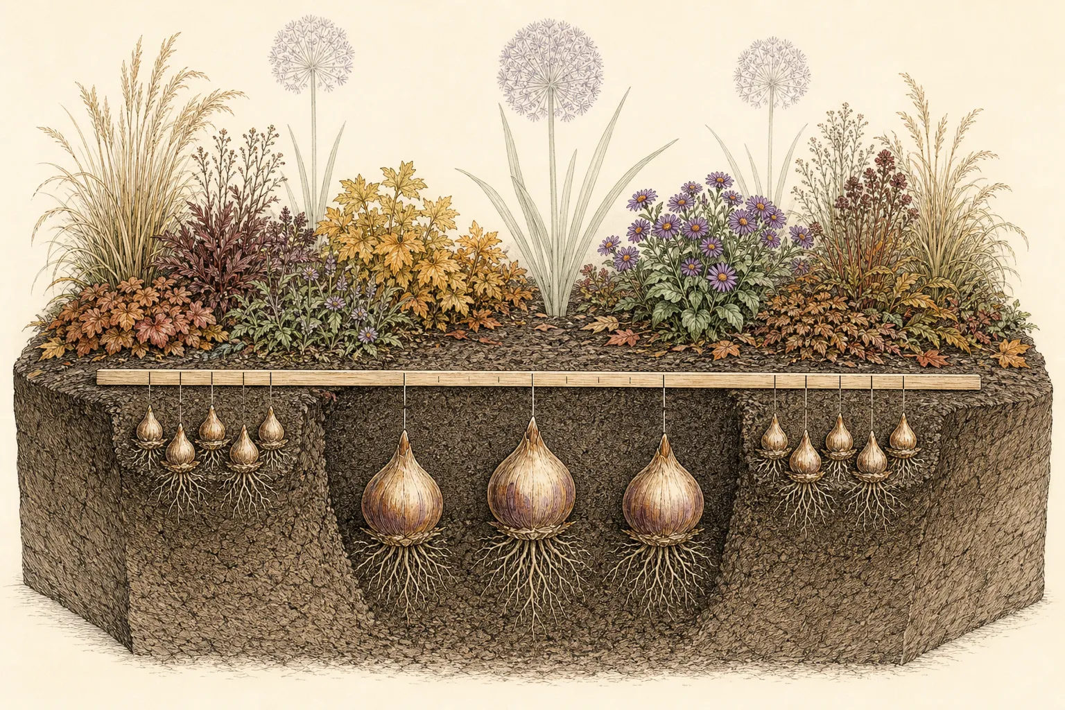 Oblique soil cutaway showing firm ornamental allium bulbs set in repeated clusters at measured species-specific depths with clear spacing