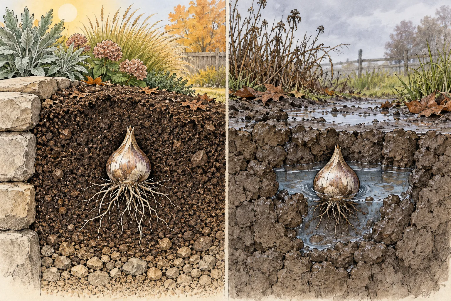 Cutaway comparison of an allium bulb in free-draining raised soil and one surrounded by standing water in compacted ground