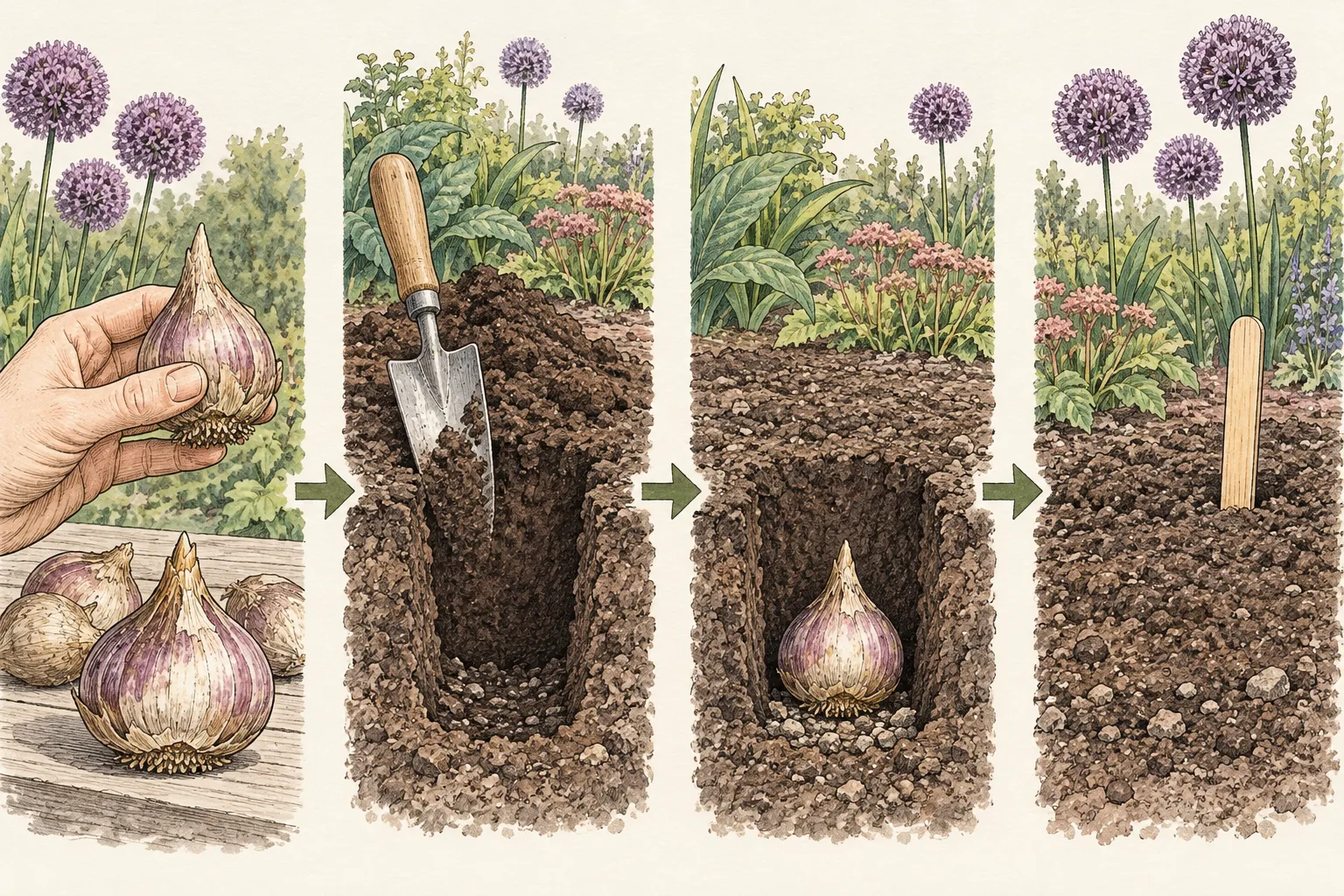 Four-stage illustrated sequence showing a firm allium bulb, prepared planting hole, bulb set point up, and finished marked bed
