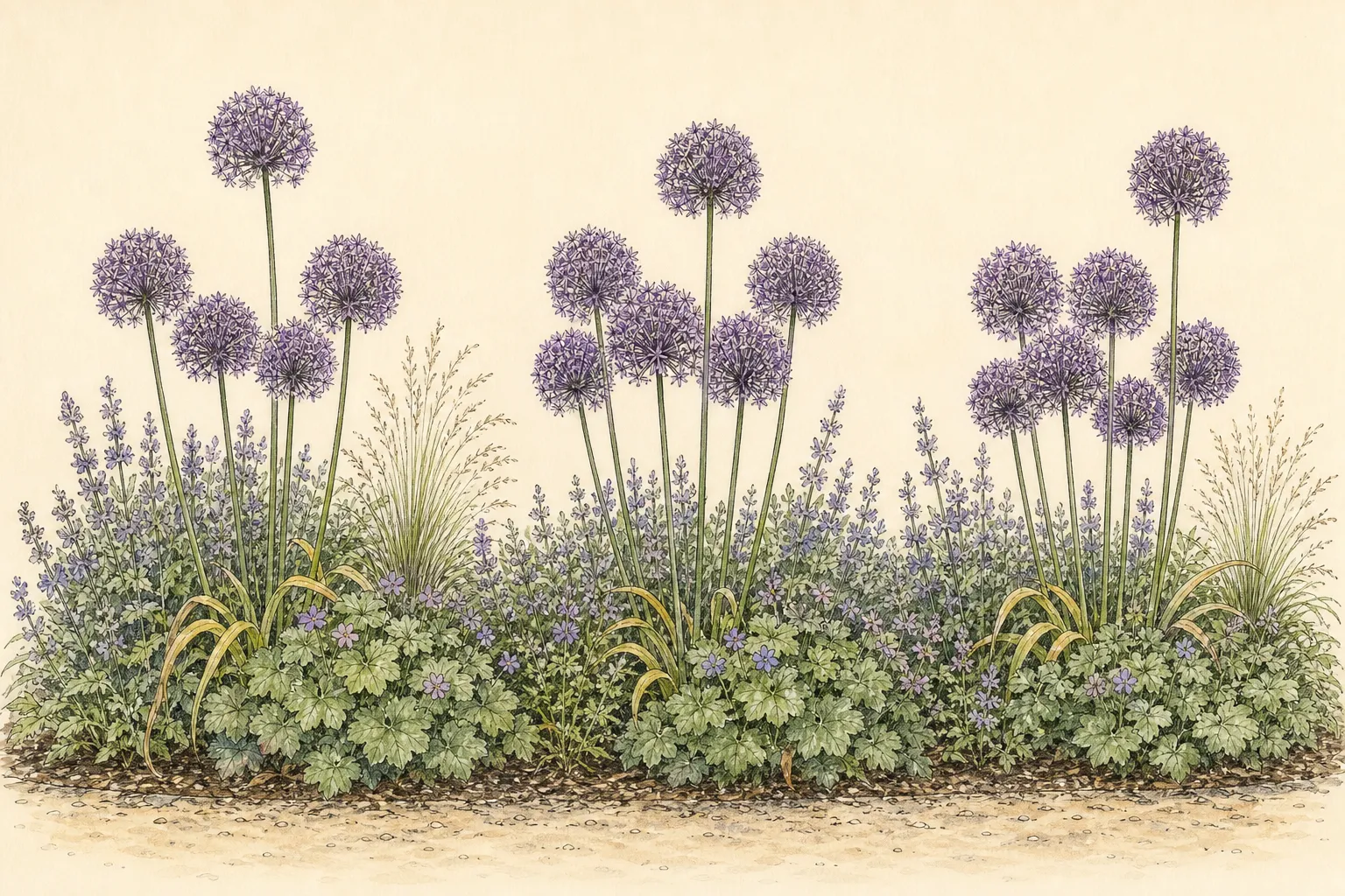 Continuous border elevation with repeated purple allium globes rising at three heights through mounded companion foliage