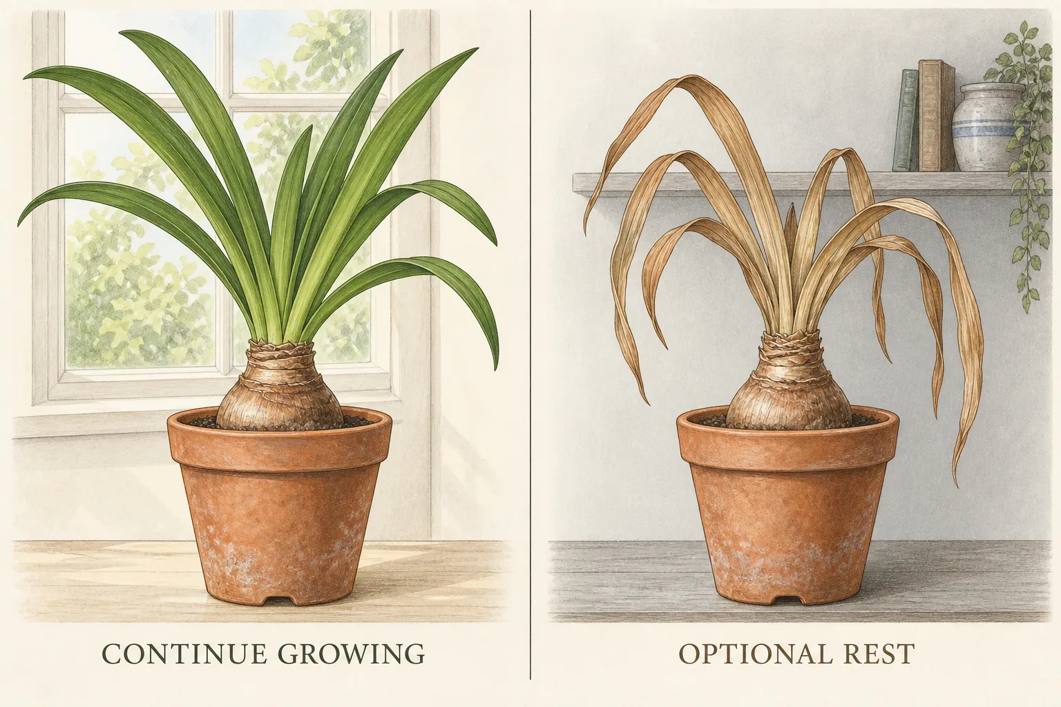 Two potted Hippeastrum bulbs compare continued green leafy growth with an optional rest as leaves dry brown