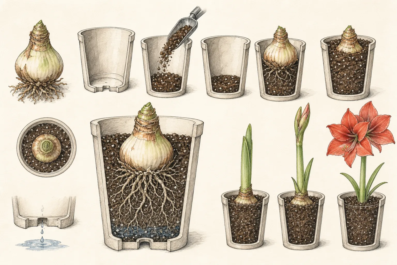 Cutaway potting diagram showing a firm amaryllis bulb seated above free-draining mix with the shoulders exposed and roots spreading into the lower pot