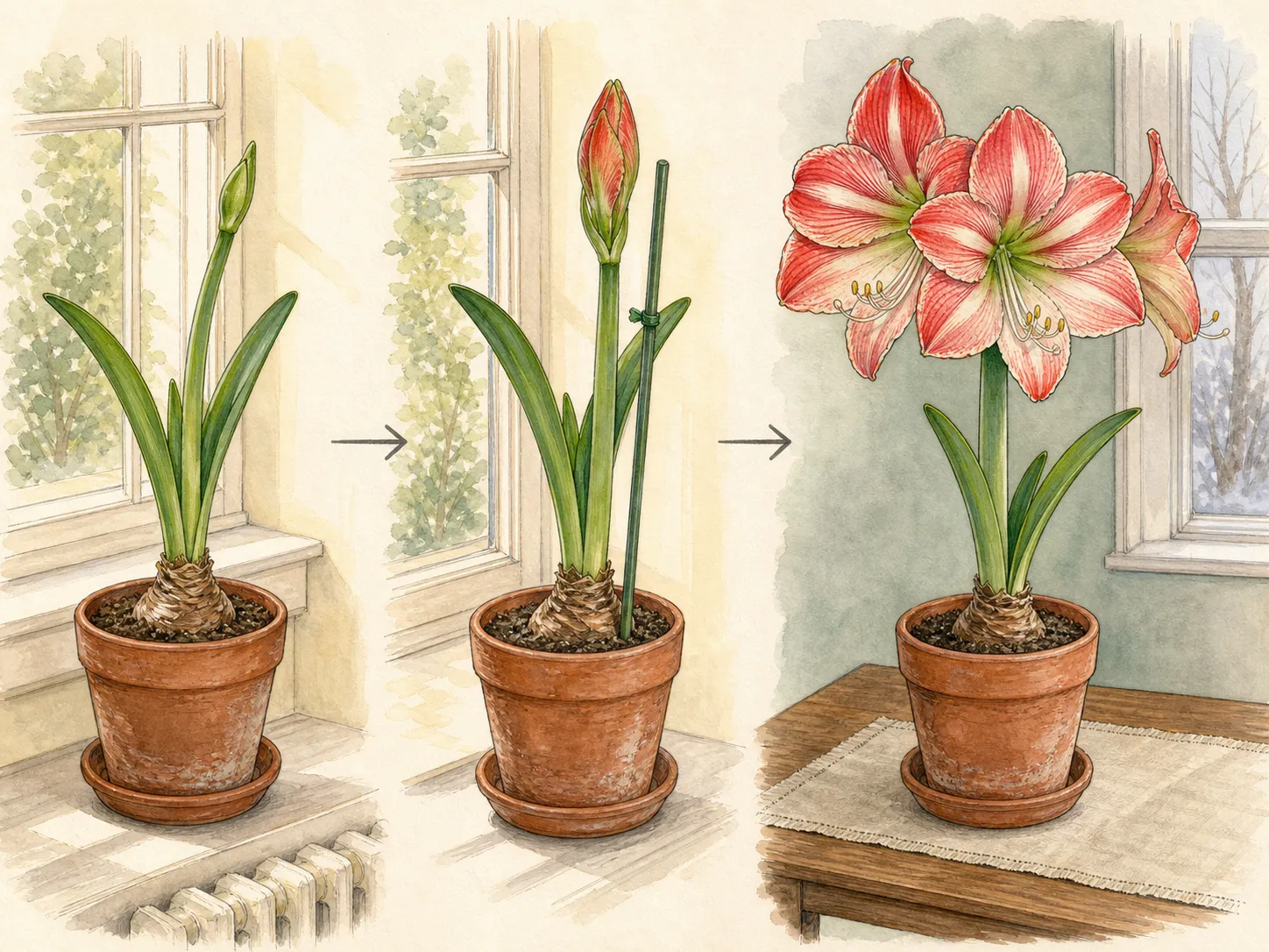 Indoor sequence showing a potted amaryllis started in a warm bright window, rotated as the scape rises, then moved to a cooler table once the flowers color