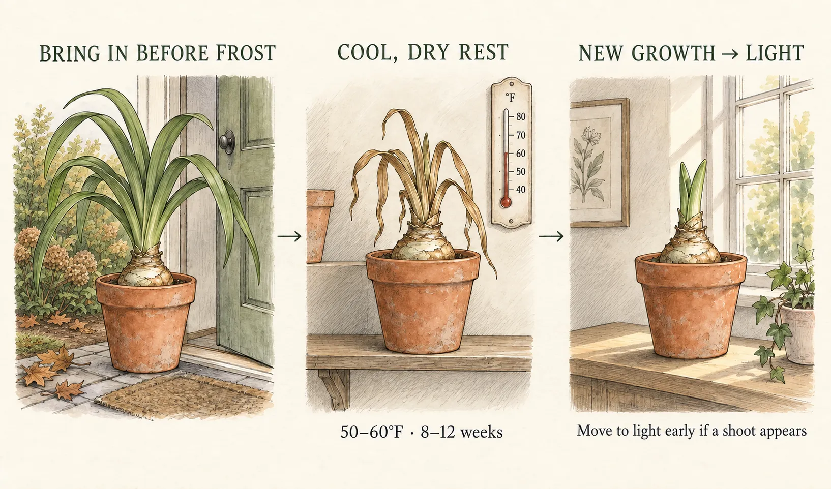 Three stages show moving a potted amaryllis inside before frost, resting it cool and dry, then returning a sprouting bulb to light