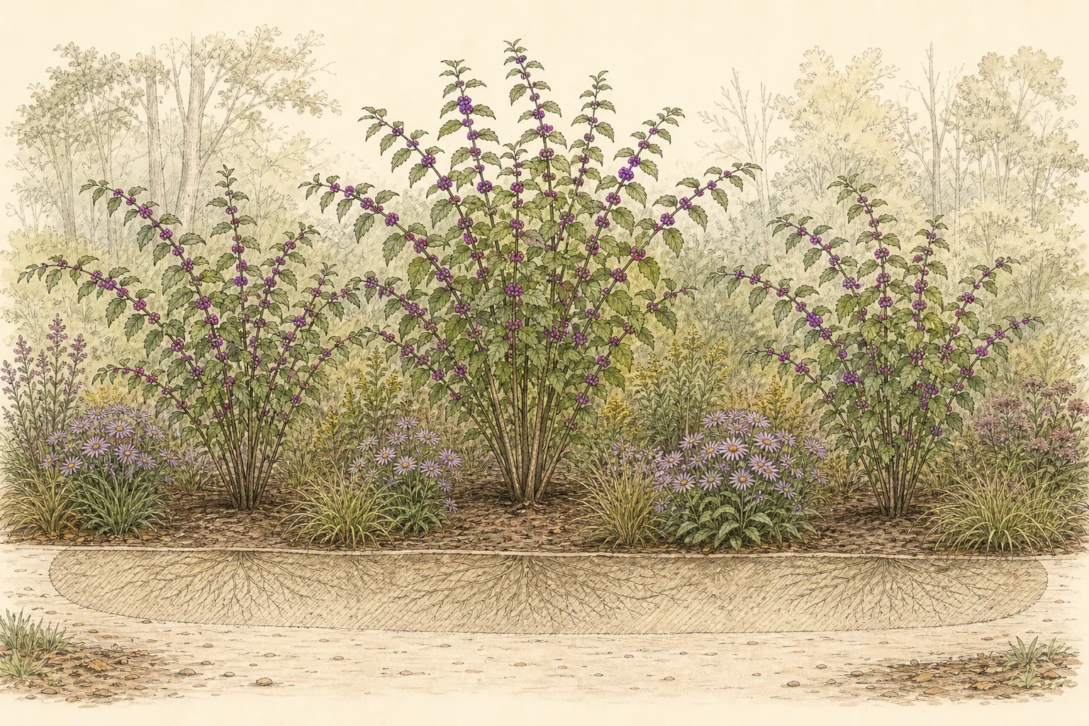 Wide garden elevation of three mature American beautyberry shrubs with open arching crowns, front-of-border companions and a broad root zone