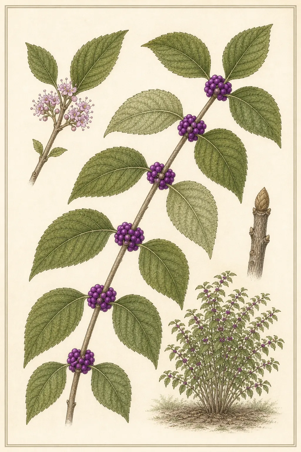 American beautyberry botanical plate with opposite serrated leaves, axillary flowers, tight purple fruit rings, a bud and the open shrub habit