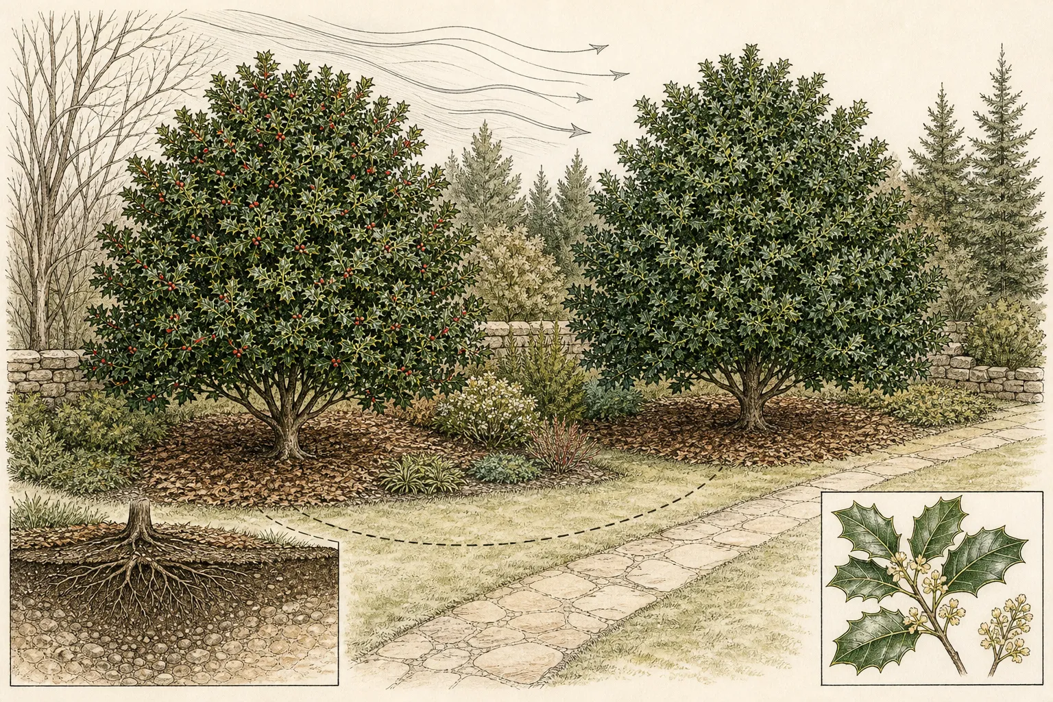 Garden placement drawing of a fruiting female and fruitless compatible male American holly with mature crown room and winter shelter