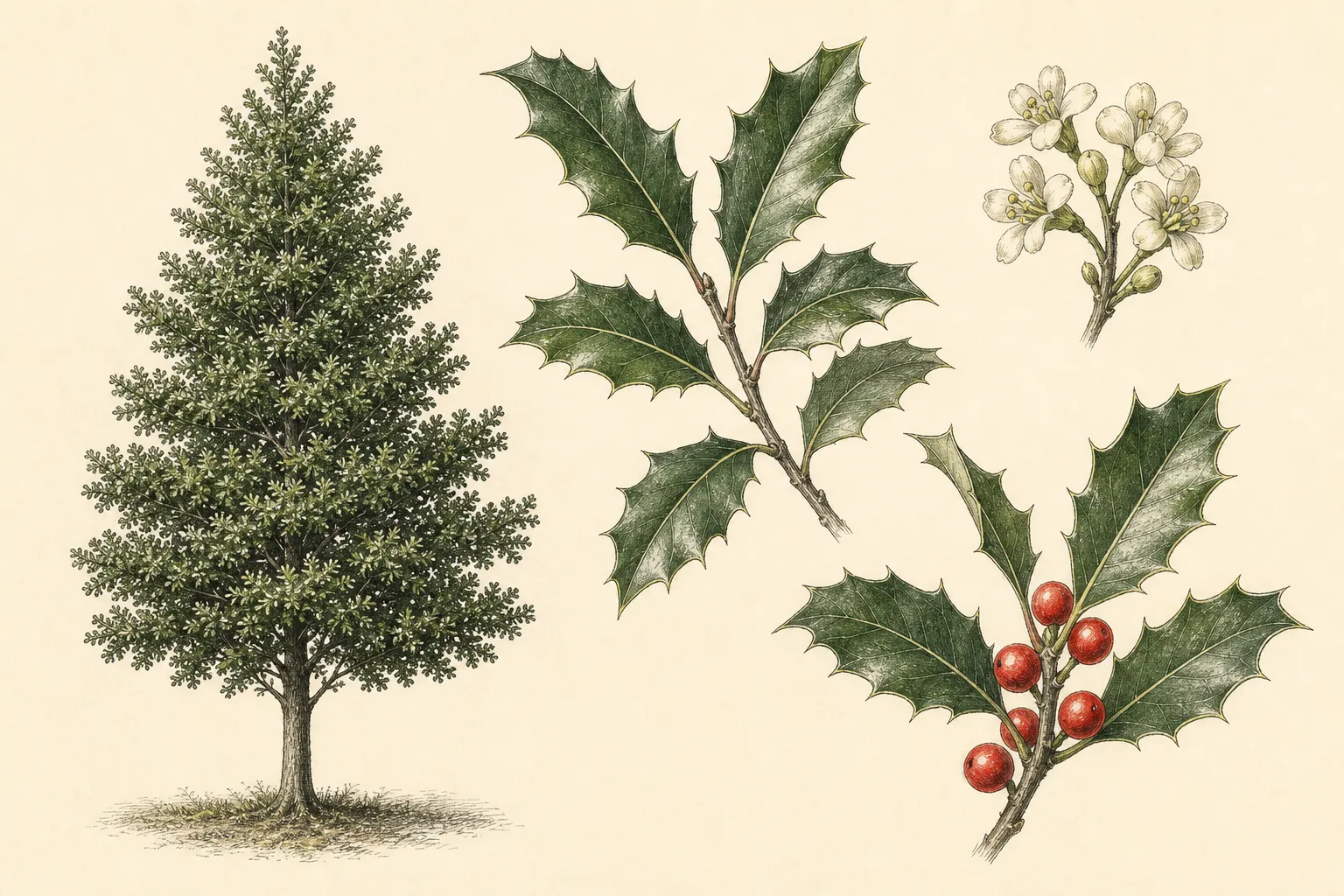 American holly plate showing pyramidal tree form, spine-tipped evergreen leaves, creamy flowers and red fruit