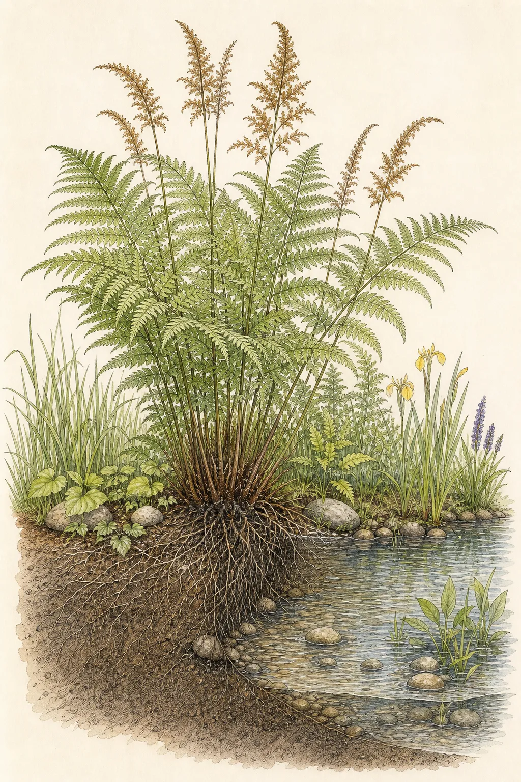 Garden study showing the placement and growth habit of American Royal Fern