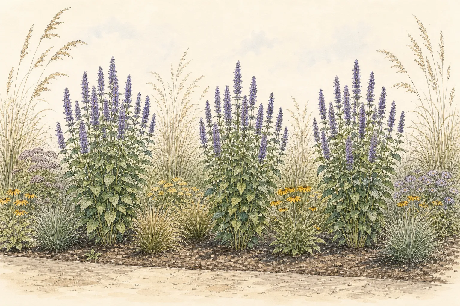 Three mature anise hyssop clumps spaced through a sunny late-summer border with lower grasses and yellow flowers