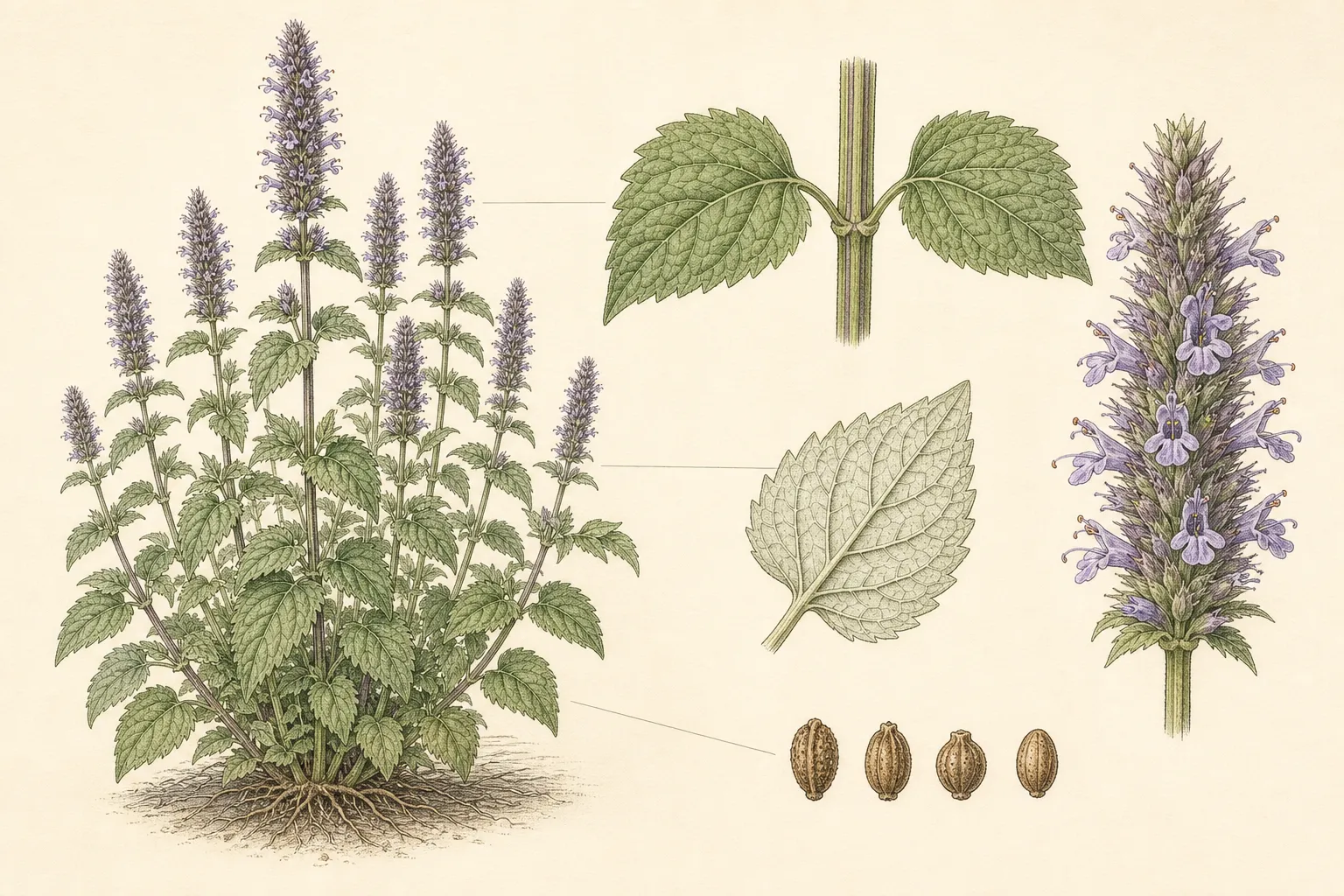 Botanical plate of anise hyssop showing the upright clump, opposite serrated leaves, square stem, flower spike and nutlets