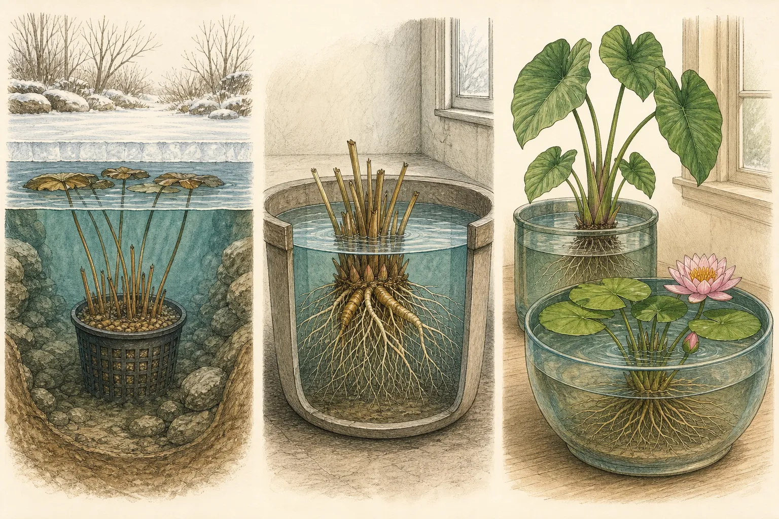 Three-way comparison of hardy pond plants moved below the freeze zone, tender potted aquatics held warm, and floating plants kept in an aquarium