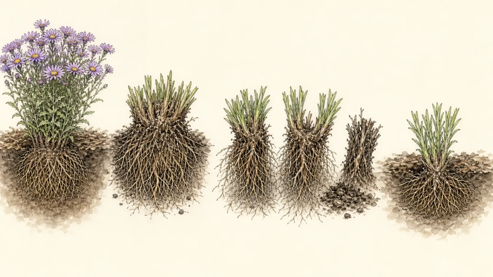 Spring aster division sequence showing a lifted clump, exhausted center, vigorous outer divisions and replanting
