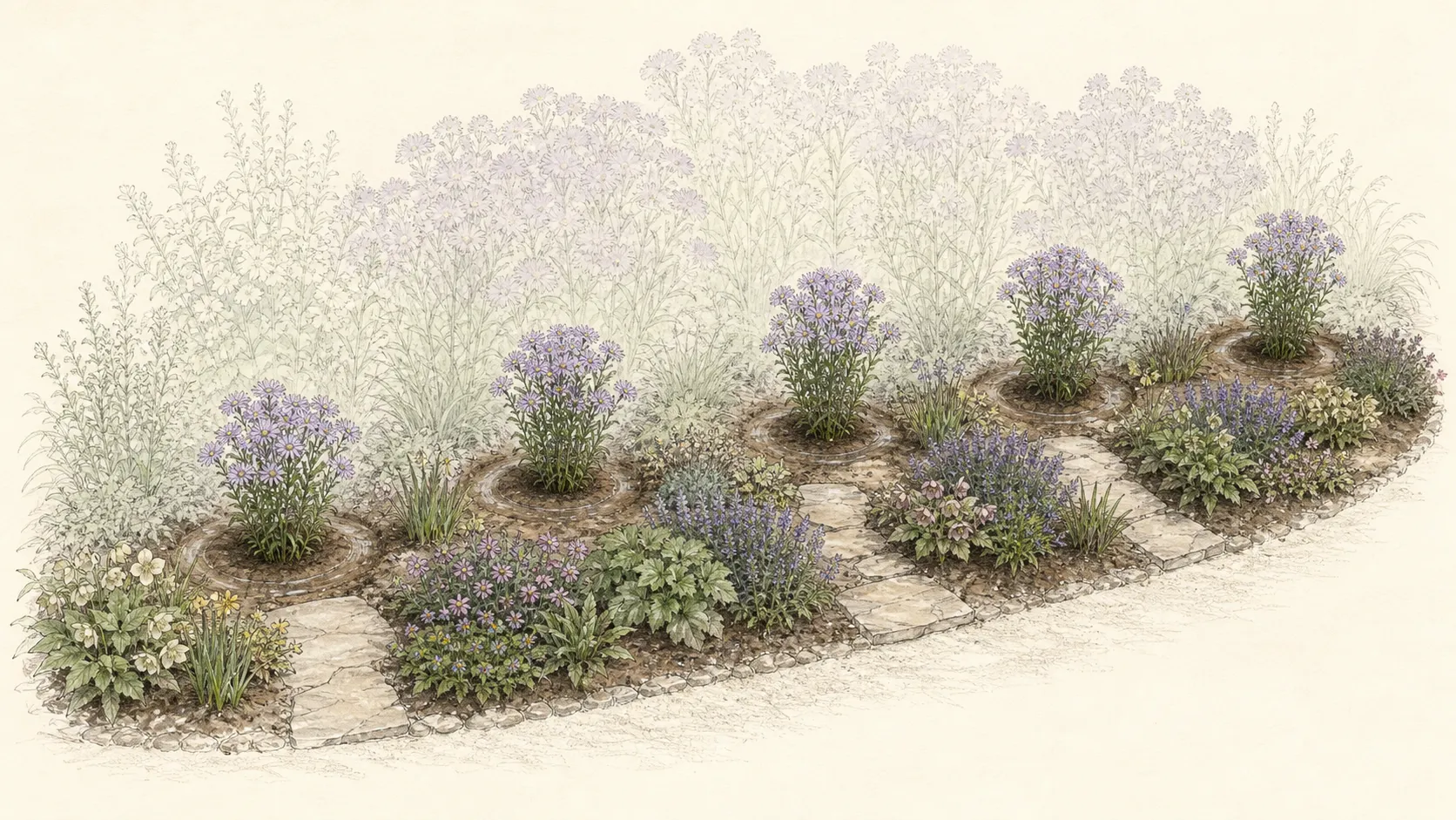 Overhead border plan showing spaced aster divisions behind lower companions with open access and watering basins