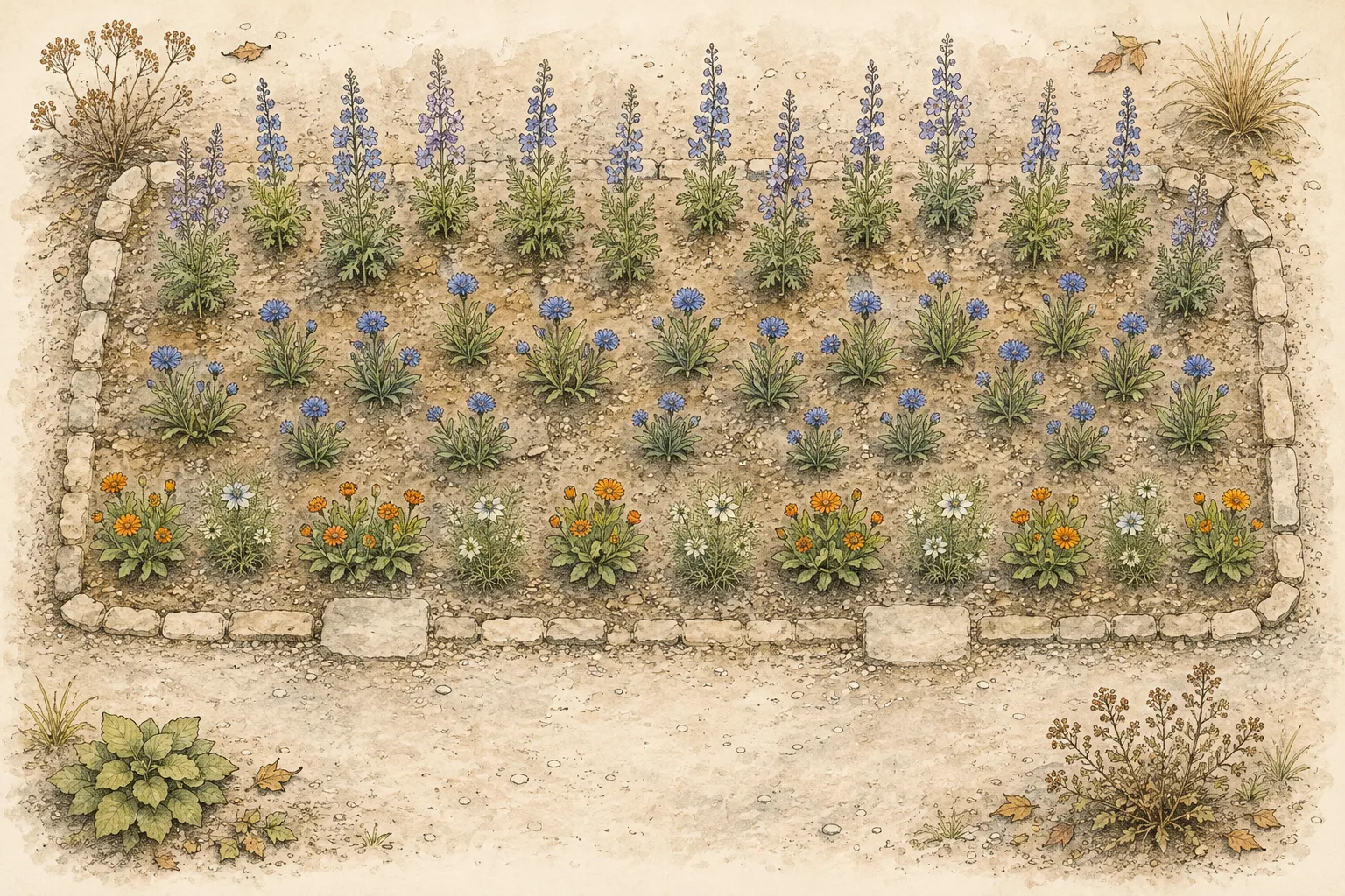 Overhead hand-drawn border plan placing low calendula and love-in-a-mist at the front, cornflowers in the middle, and taller larkspur toward the rear with access gaps