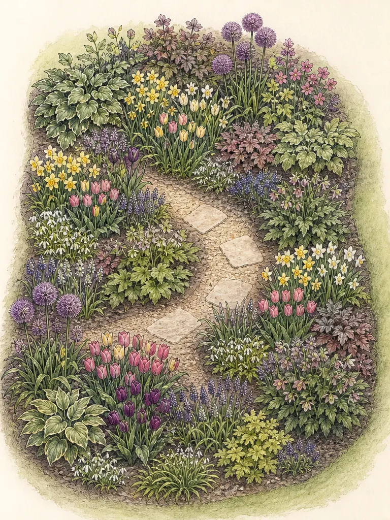 Overhead border plan showing a repeatable bulb group in three positions among later-emerging perennial crowns
