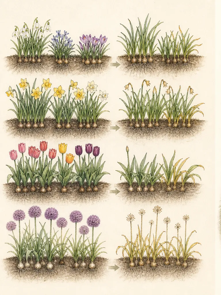 Season strip comparing three local bulb bloom windows with their longer post-flowering foliage phases