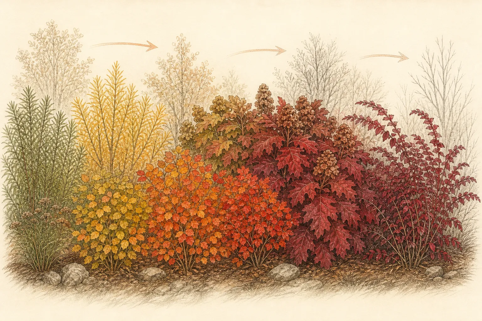 Horizontal seasonal strip showing green foliage becoming gold, mixed orange and scarlet, mahogany red, and persistent garnet across four distinct garden layers without fixed calendar dates