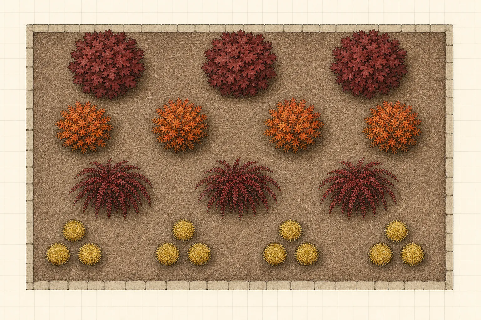 Measured overhead plan of a thirty-two-by-eighteen-foot Zone 6b border with Ruby Slippers oakleaf hydrangea, dwarf fothergilla, Henry's Garnet sweetspire, and threadleaf bluestar in layered drifts