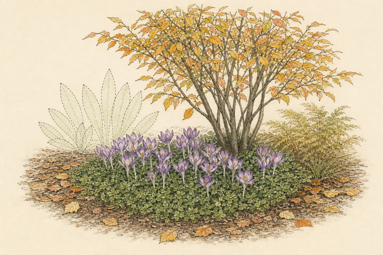 Garden placement study showing mature Autumn Crocus in an ornamental planting