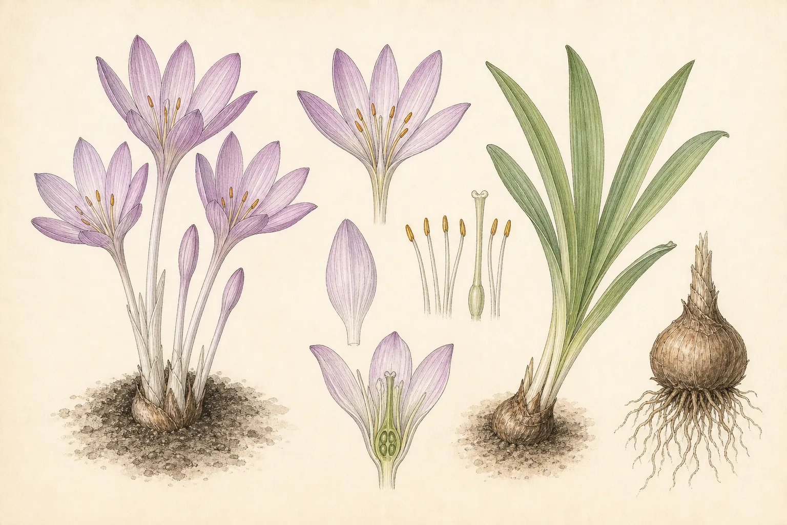 Botanical identification plate of Autumn Crocus, Colchicum autumnale