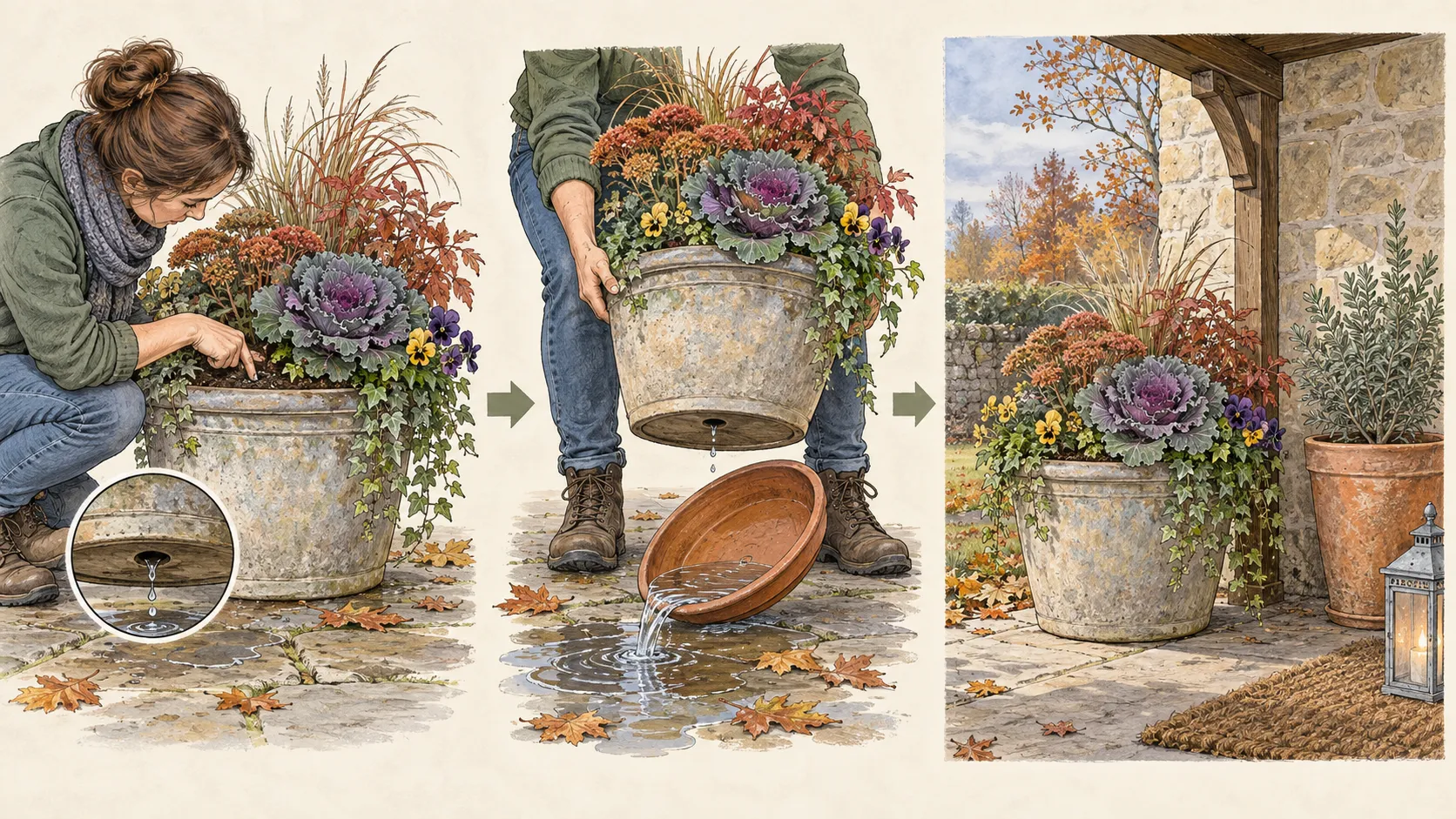 Three-stage autumn sequence showing a moisture check, an emptied saucer and raised pot, and a porous terracotta container moved under shelter before cold weather