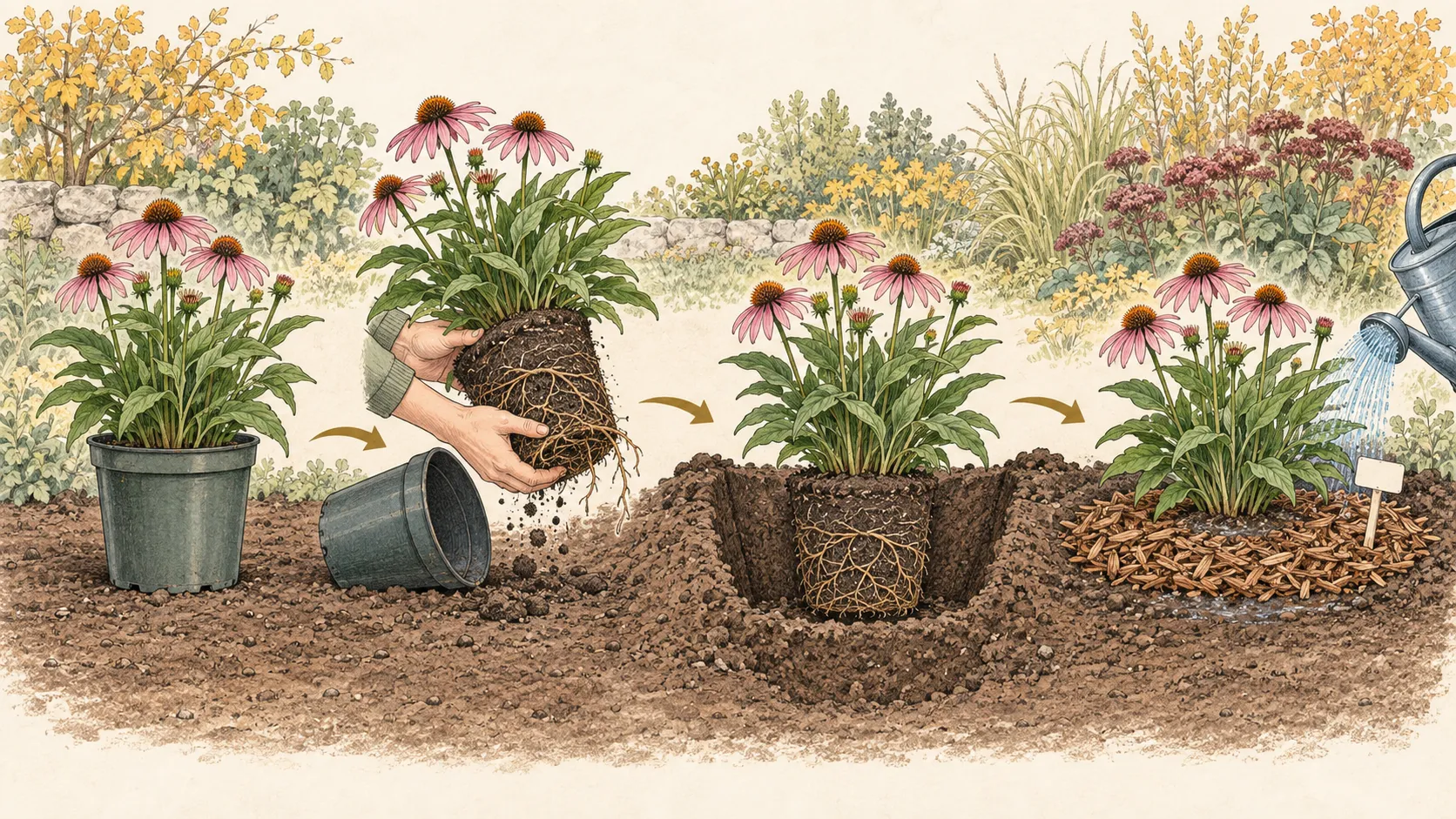 Complete hand-drawn sequence of a potted perennial being planted at its original depth, watered in, mulched, and labeled for autumn