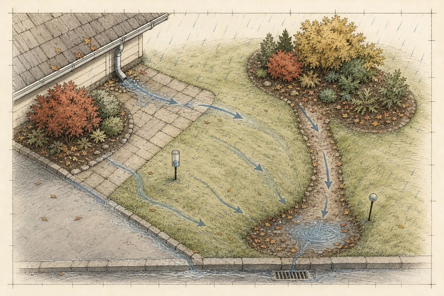 Overhead autumn-rain map tracing water from a downspout and paving across lawn and shrub beds to a compacted path, low ponding area, and outlet