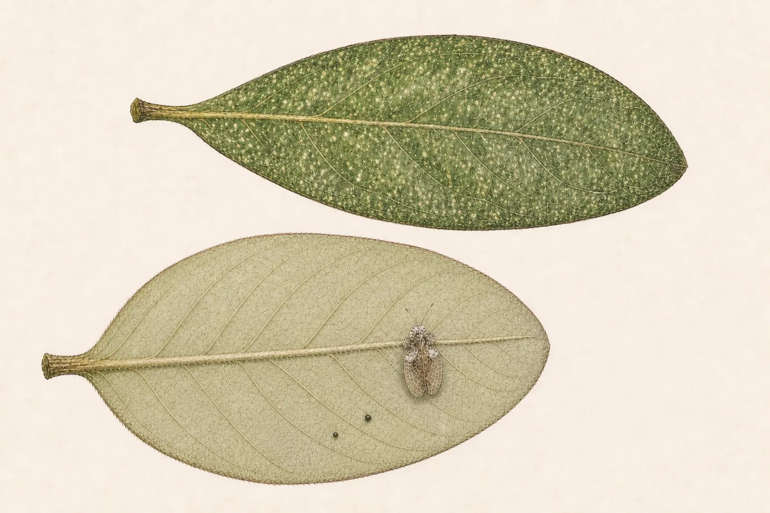 The upper surface of an azalea leaf shows pale stippling while the paired underside carries one adult lace bug and a few dark varnish-like spots