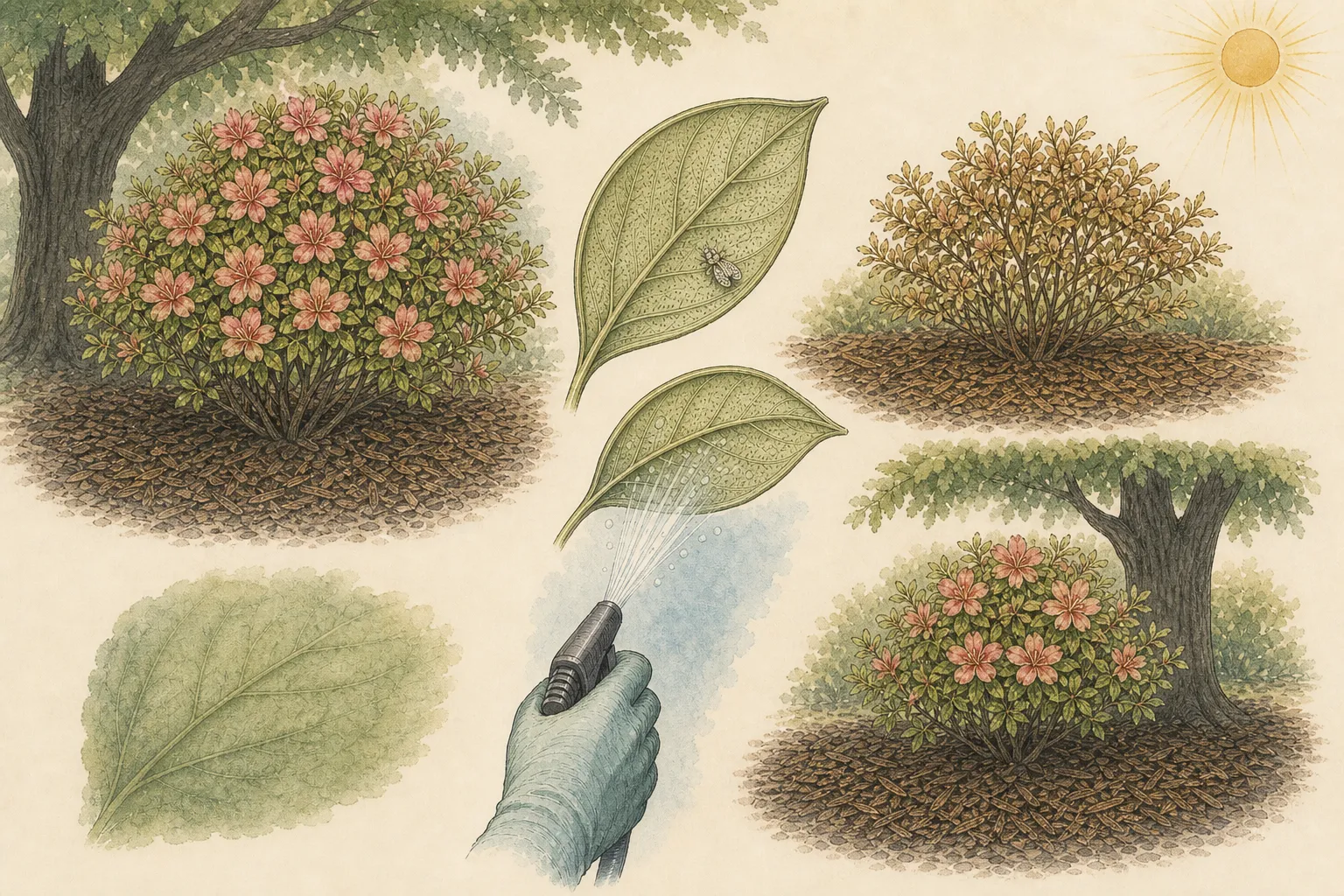 Azaleas in open dappled shade are compared with a heat-stressed sunny shrub while a leaf underside is rinsed and only one small lace bug specimen is shown