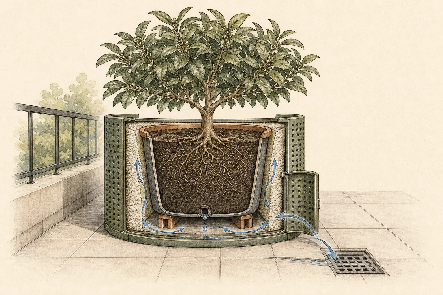 Cutaway of a broadleaf evergreen pot inside a larger ventilated insulating enclosure with protected sidewalls, an open drainage path, and foliage clear of the shelter