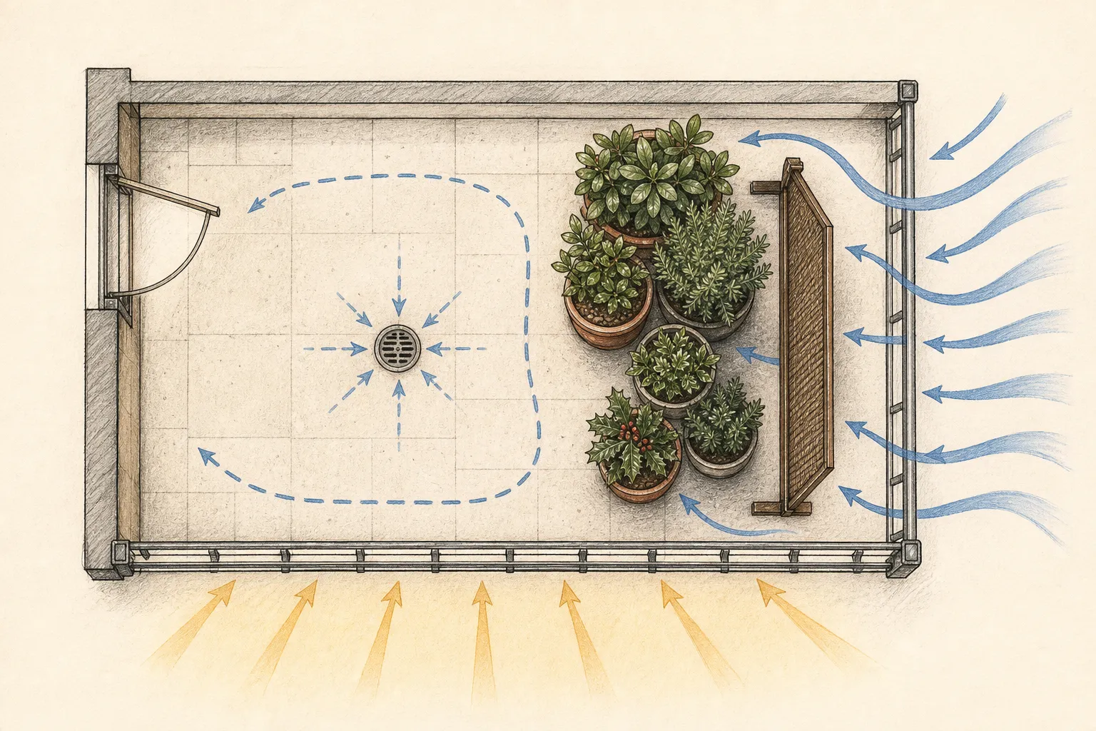 Overhead balcony plan showing an exposed sunny railing edge, a sheltered inner corner, grouped evergreen pots, a freestanding wind screen, and clear door, drain, and walking routes