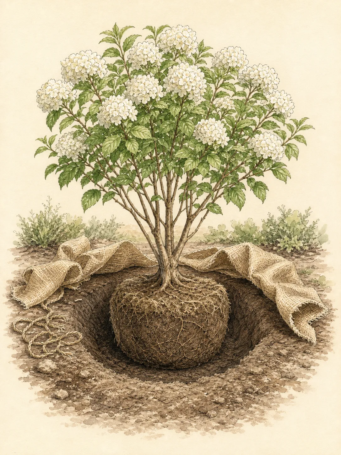 Balled-and-burlapped shrub root ball in a broad shallow hole with the trunk flare exposed and upper wrapping opened