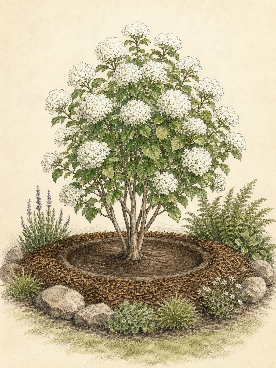 Newly planted flowering shrub with the root flare at grade, a wide watering basin and mulch clear of the trunk