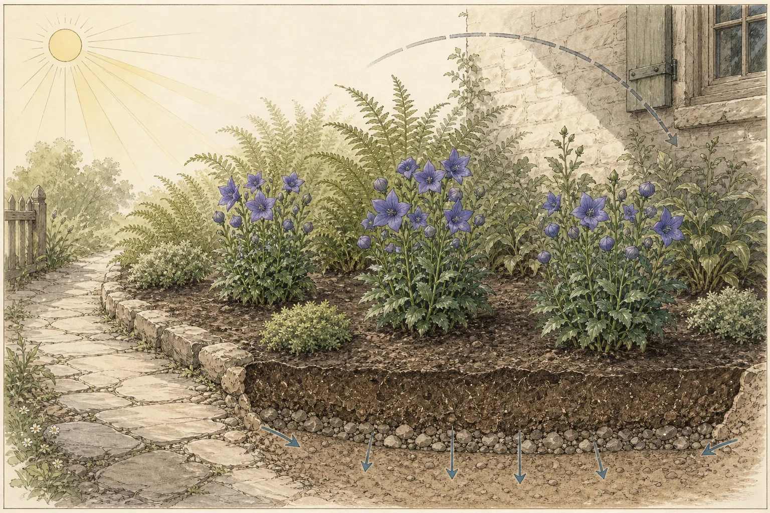 Garden placement study showing balloon flowers in a moist well-drained border with morning sun, partial shade and a visible draining soil profile