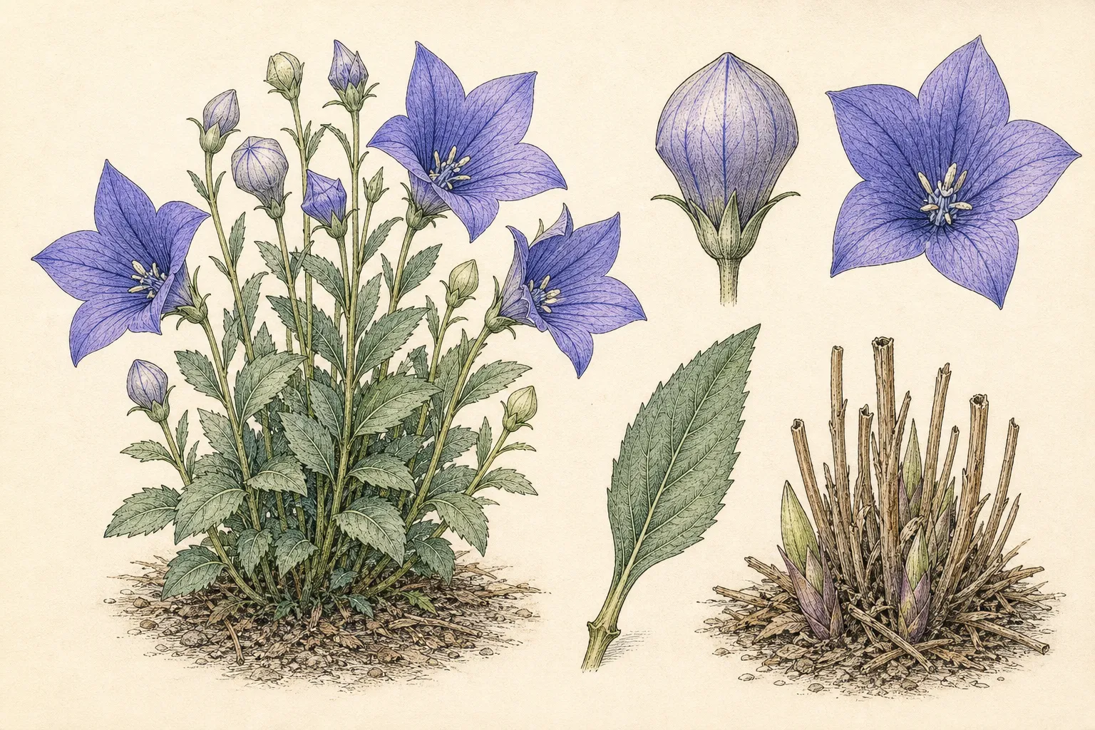 Botanical identification plate of balloon flower showing the compact clump, inflated buds, five-lobed blue-purple flowers, toothed leaf and late spring crown