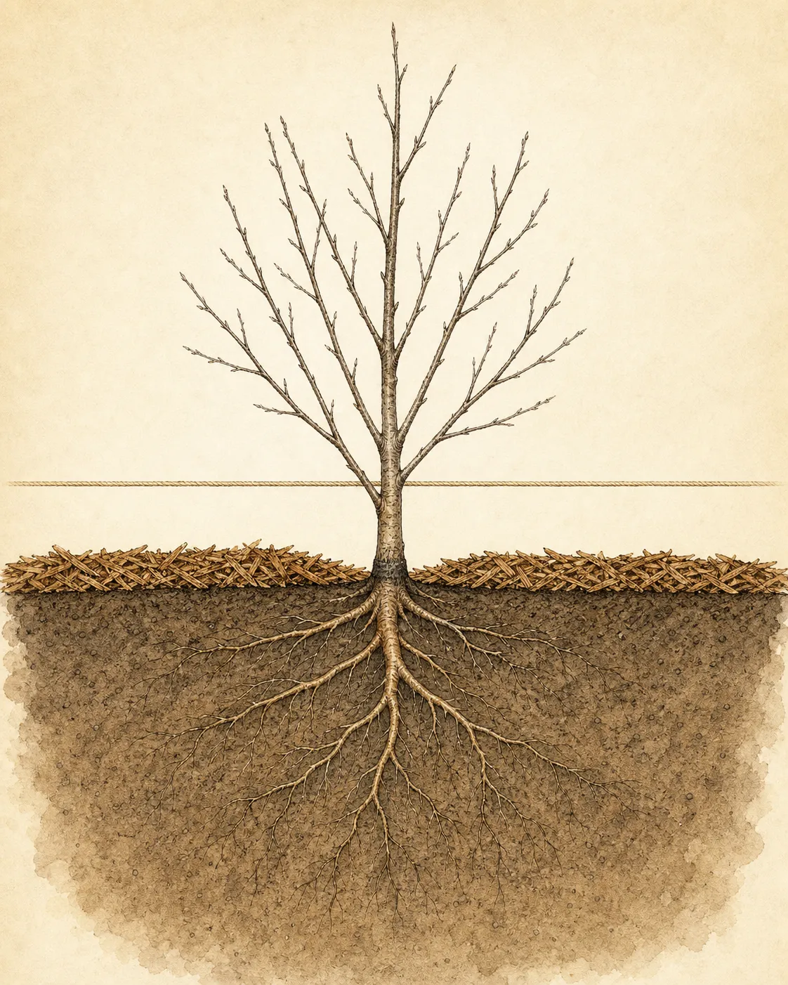 Cutaway of a bare-root hedge whip with roots spread in native soil, the root flare at finished grade, and mulch held away from the stem