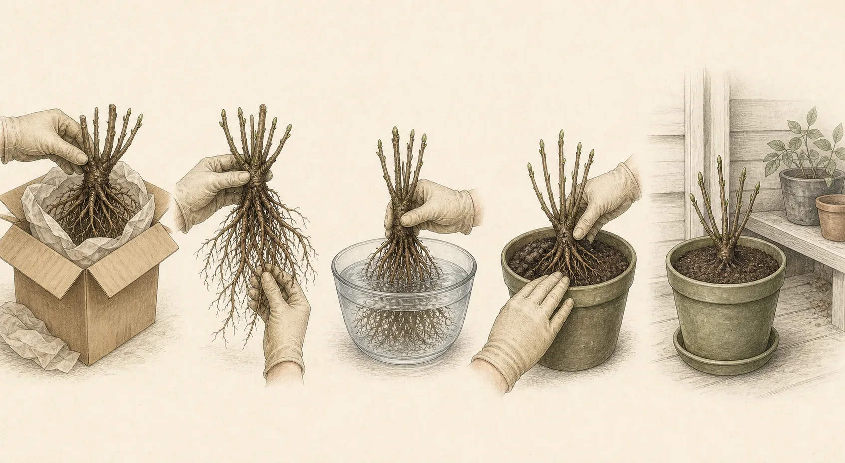 Decision sequence from parcel documentation through identification, inspection, hydration check, potting or planting, quarantine, and records