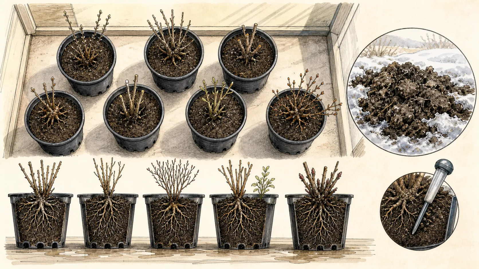 Sheltered cool holding area with labeled potted perennials protected from hard freeze, wind, and indoor heat