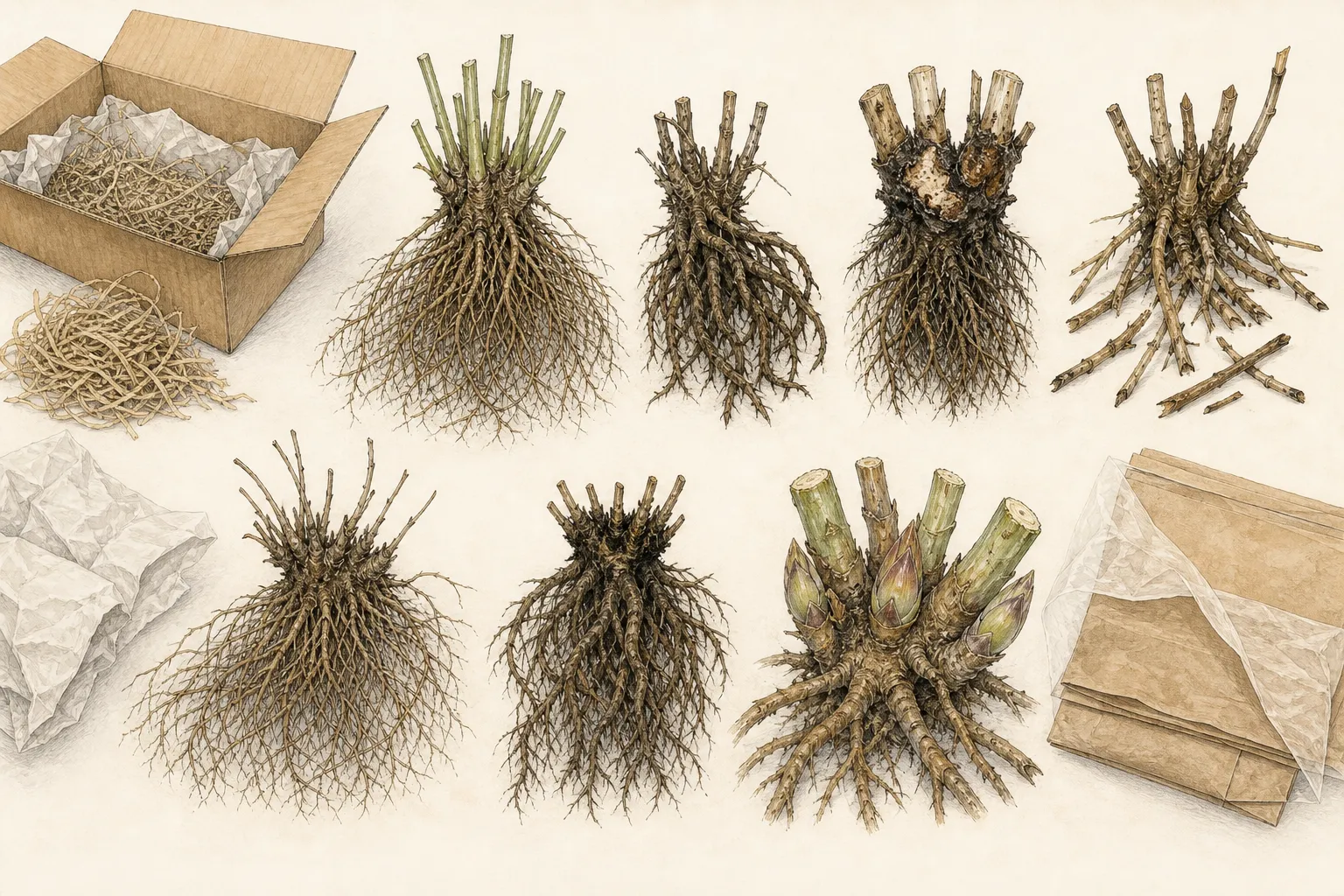 Bare-root perennial showing firm crown, live buds, sound roots, dry damage, soft rot, mold, broken roots, and packing material