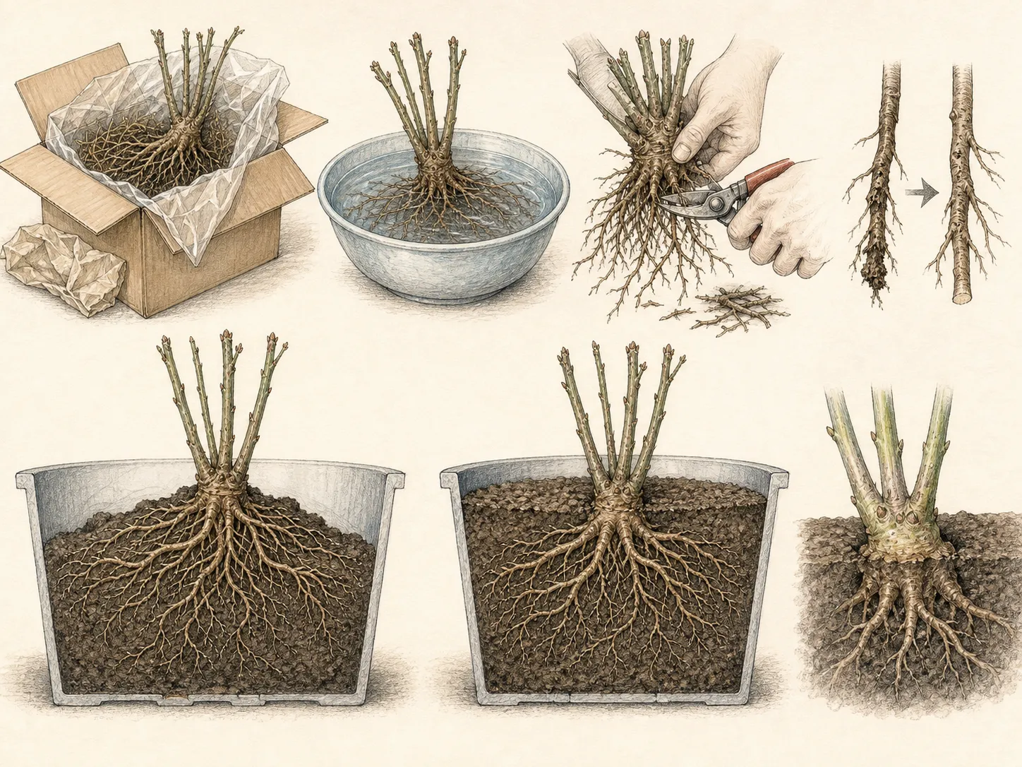 Botanical sequence showing bare roots hydrated, spread over mix, covered to the crown, and growing compactly in a temporary pot
