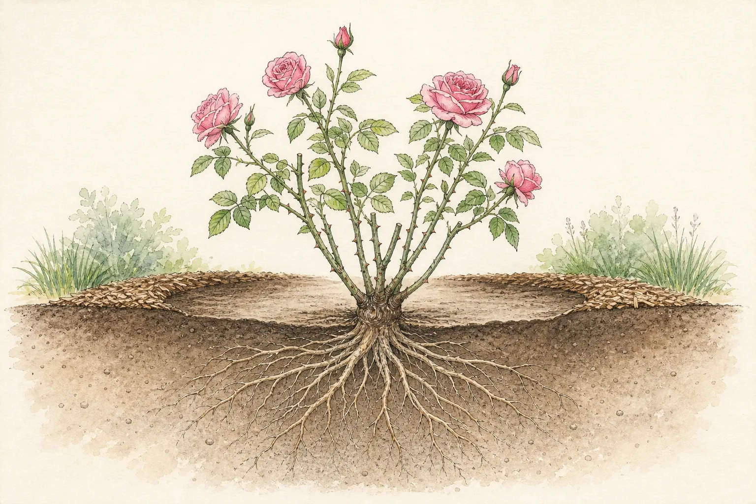 Newly planted bare-root rose with radiating roots, visible graft union, shallow watering basin and crown-clear mulch
