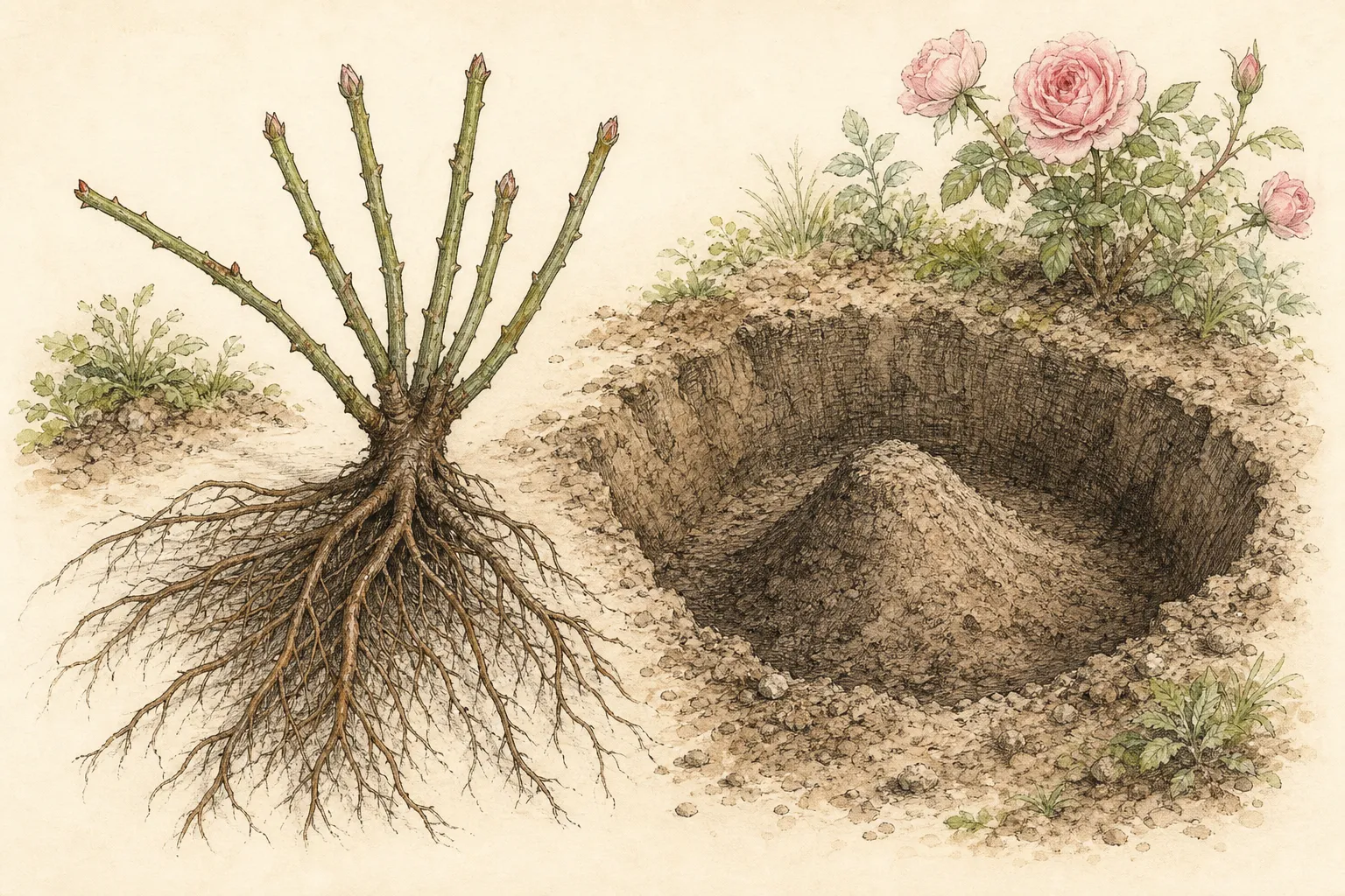 Dormant bare-root rose with hydrated roots spread beside a broad planting hole and a low cone of native soil