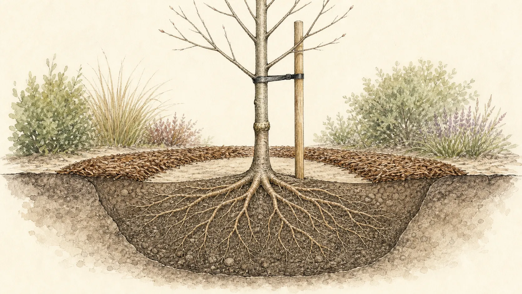 Planting cross-section with bare-root tree flare at grade, roots spread over firm soil, graft above grade and broad mulch ring