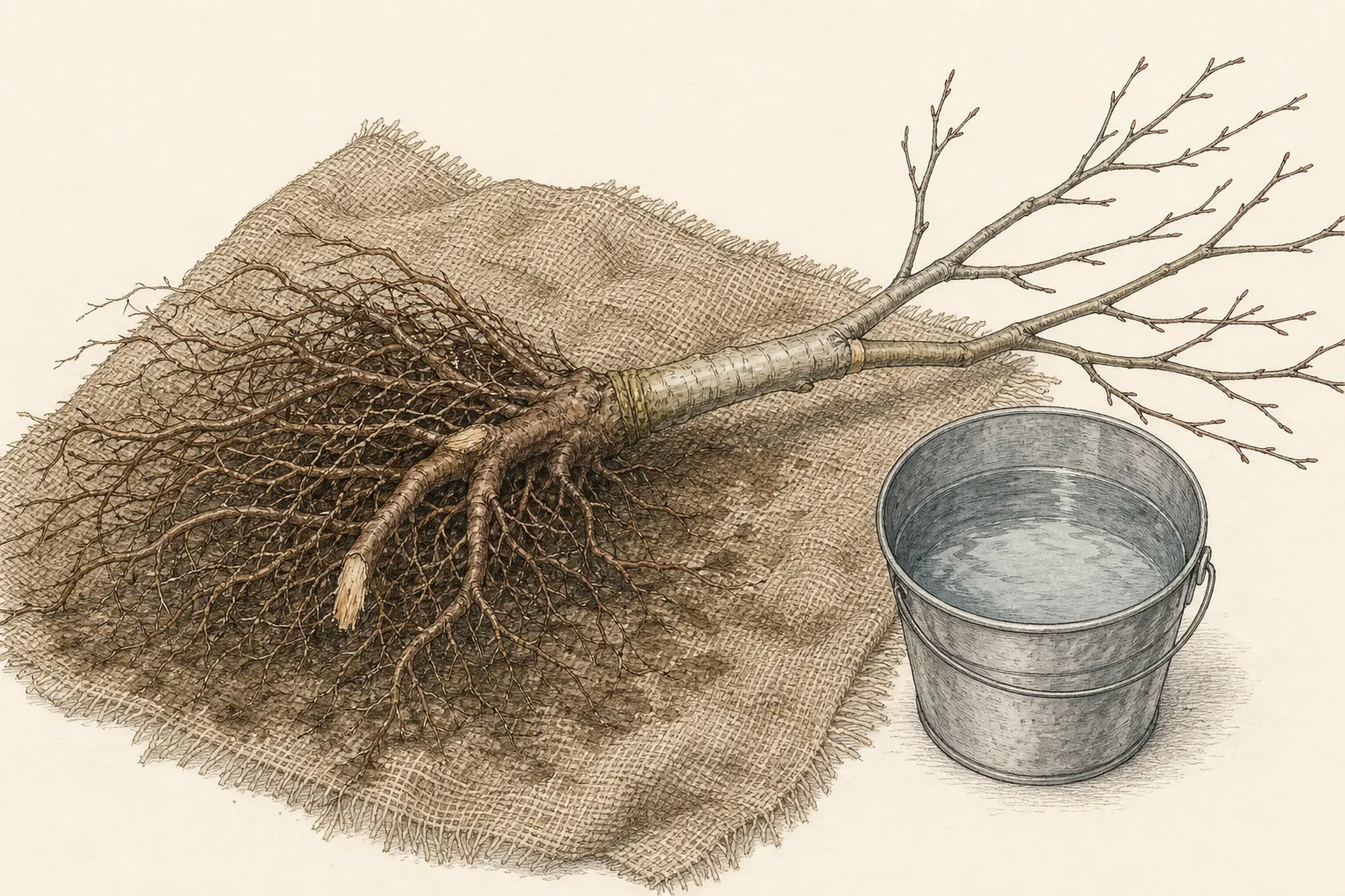 Dormant bare-root ornamental tree on damp burlap with complete root system, visible flare, graft and one cleanly pruned damaged root