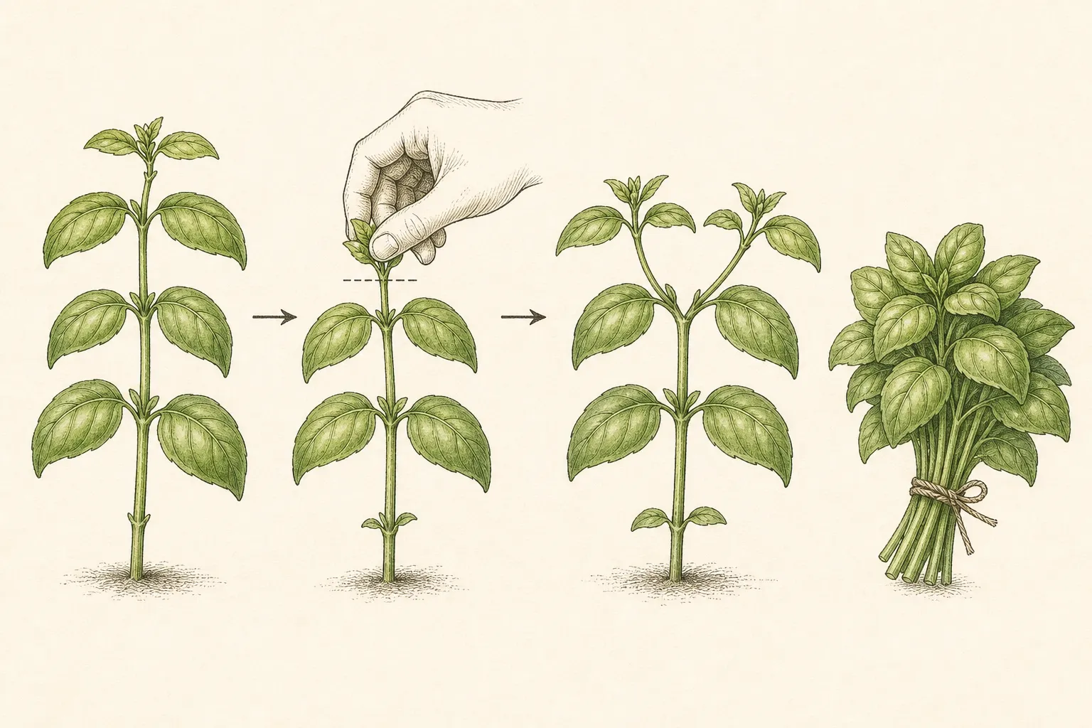 A basil stem is pinched just above paired leaves and produces two side shoots