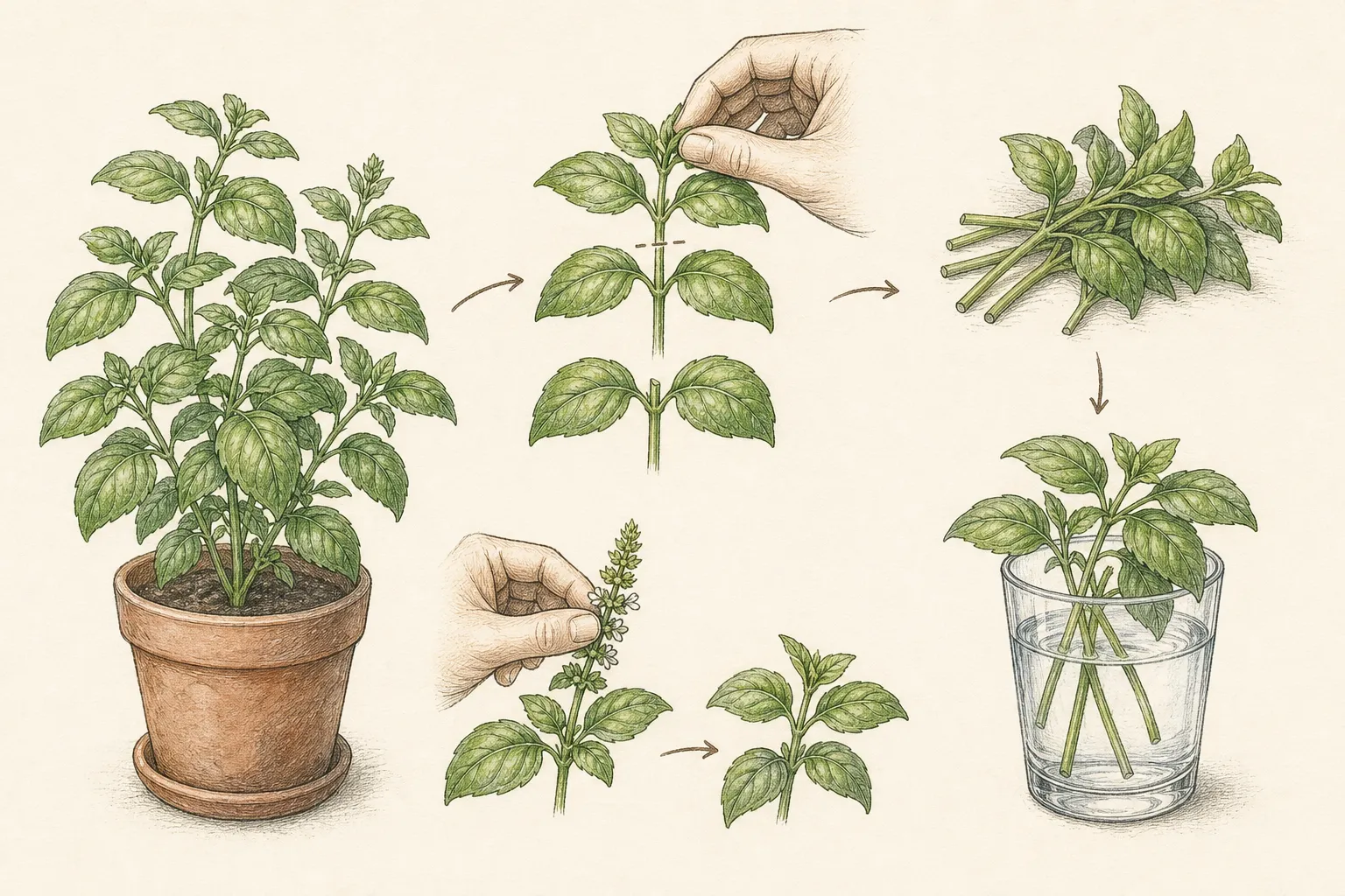 A potted basil plant is selectively cut above nodes while harvested sprigs stand in a glass of water
