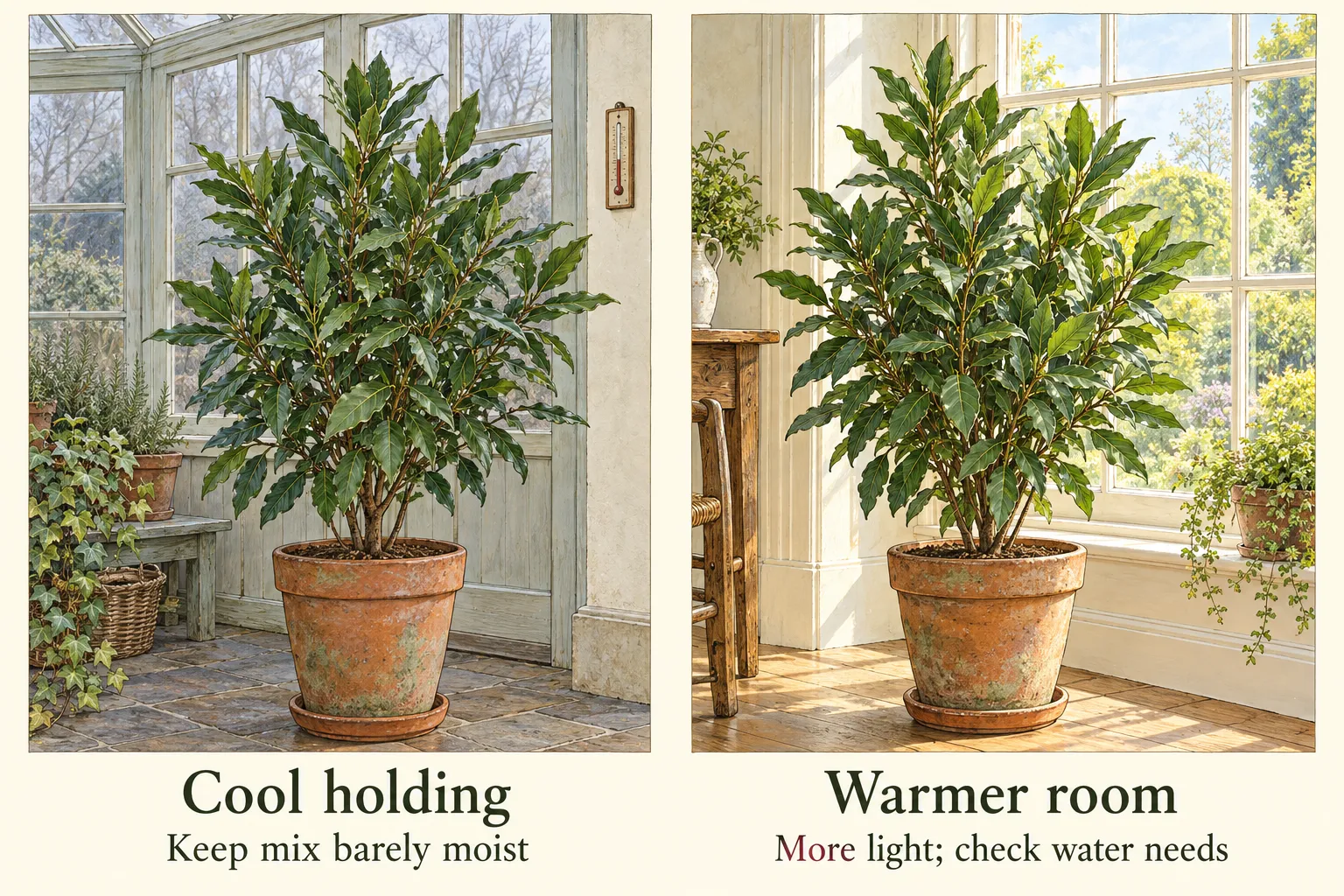 Two healthy potted bay shrubs illustrate cool protected holding and a brighter warmer-room position