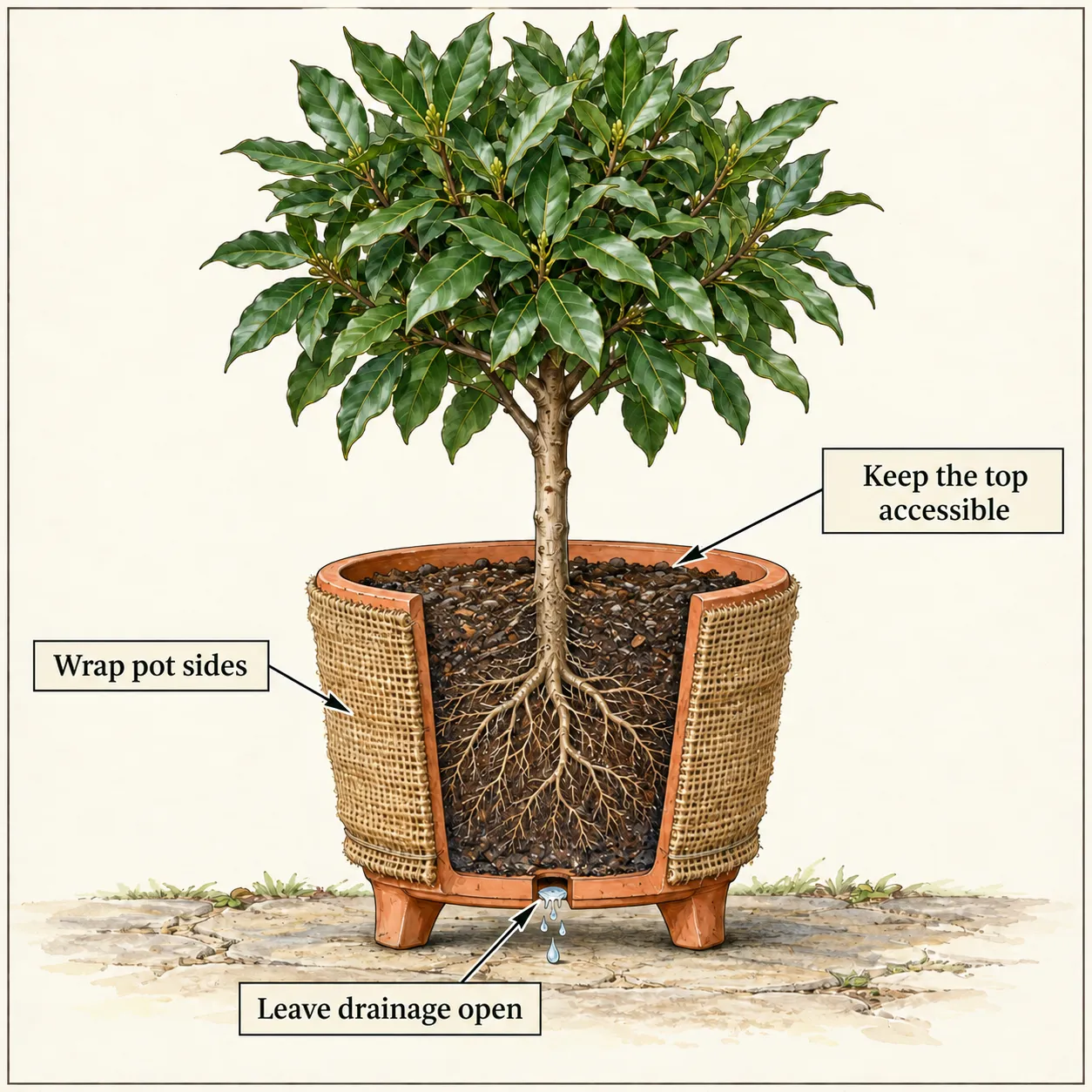 Cutaway bay container shows hessian around its sides, an open soil surface and drainage through the base above stable feet